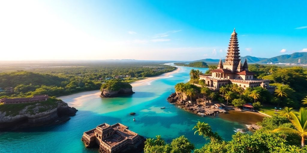 Pemandangan pantai dan kuil indah di Bali Selatan.