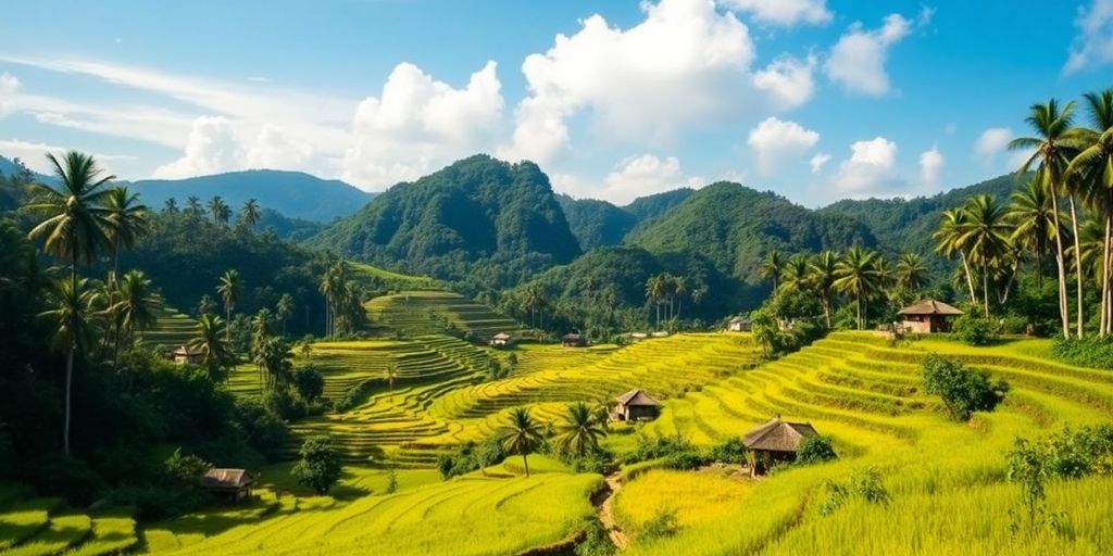 Pemandangan indah sawah, hutan, dan desa tradisional.